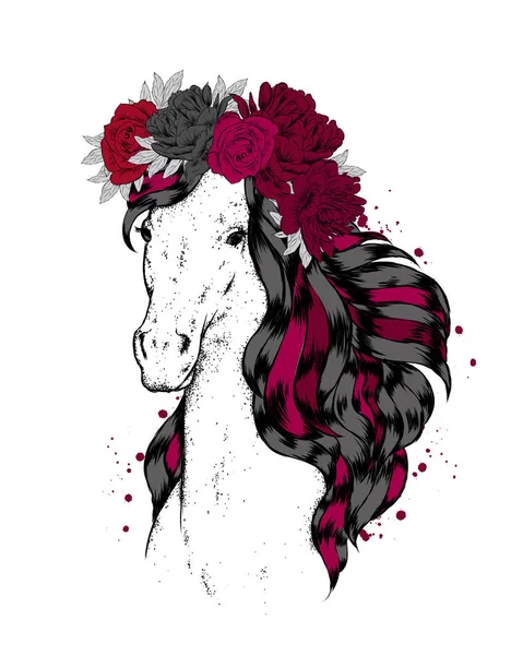 Прекрасний Кінь Квітковому Вінку Троянди Півонії Векторні Ілюстрації — стоковий вектор