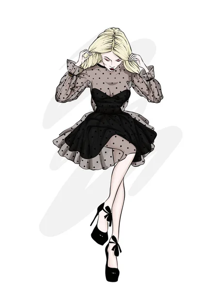 美しいイブニング ドレスの背の高い ほっそりした女の子 ファッション スタイル ベクトル図 — ストックベクタ