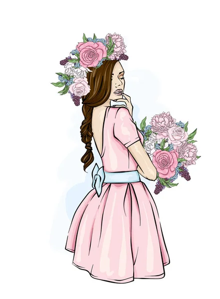 Una Bella Ragazza Con Vestito Una Corona Rose Peonie Illustrazione — Vettoriale Stock