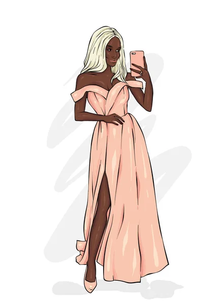 Una Chica Alta Delgada Con Hermoso Vestido Noche Moda Estilo — Vector de stock