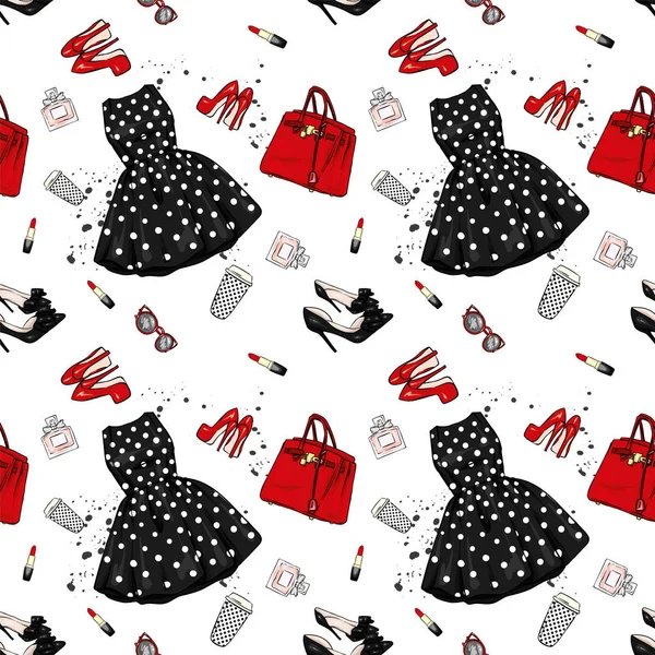 Набір Модного Жіночого Одягу Аксесуарів Сукня Сумка Взуття Підборах Помада — стоковий вектор