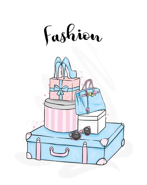 Elegante Maleta Cajas Zapatos Bolso Ropa Accesorios Moda Estilo Ilustración — Archivo Imágenes Vectoriales