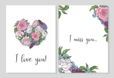 Ready-made design of postcard design I love you, I miss you, Goodbye and Hello. Postcards with roses and peonies. Beautiful flowers. Vector illustration for postcard or poster. Vintage and retro. clipart