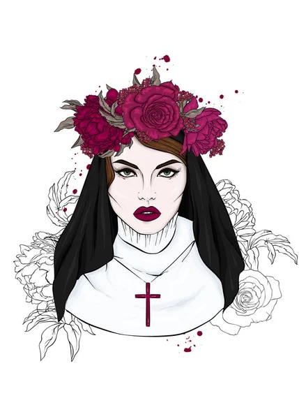 Eine Schöne Nonne Einem Kranz Aus Pfingstrosen Und Rosen Ein — Stockvektor
