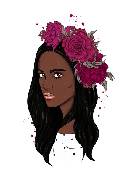 Hermosa Chica Corona Rosas Peonías Chica Con Pelo Largo Ilustración — Vector de stock