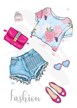 Yaz moda kıyafet. Kısa üst, şort, Ayakkabı, çanta ve gözlük. Vektör çizim, moda ve stil. Bir kroki. Kadın şık görünüm.