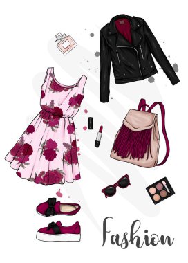 Şık kadın giyim kümesi. Şık bir görünüm. Elbise, Ayakkabı, sırt çantası ve makyaj. Vektör çizim için bir kartpostal veya poster, giysiler için yazdırma.