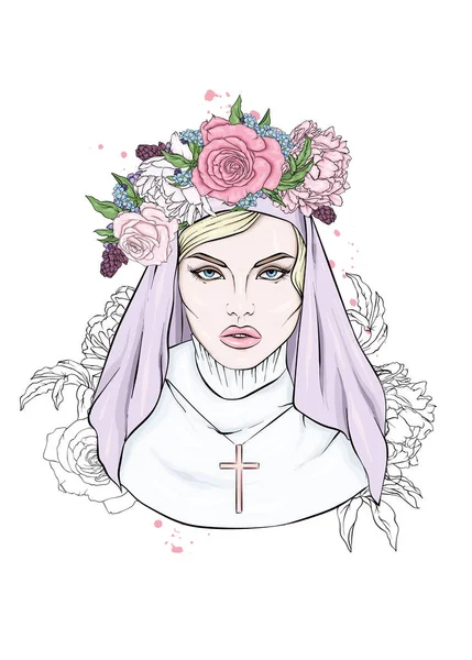 Beautiful Nun Wreath Peonies Roses Grim Monk Religion God Faith — Stock Vector