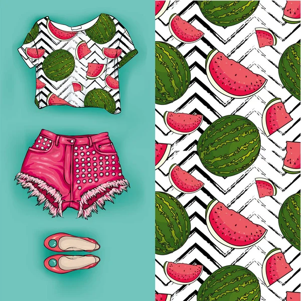 Fundo Vetorial Melancias Ilustração Vetorial Top Curto Com Frutas Shorts —  Vetores de Stock