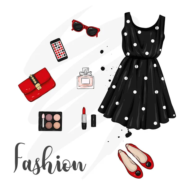 Set Stylish Women Clothing Fashionable Look Dress Shoes Backpack Makeup Stock Vector