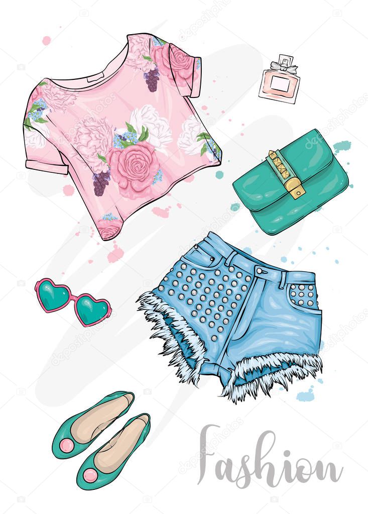 Summer fashionable outfit. Short top, shorts, shoes, bag and glasses. Vector illustration, fashion and style. A sketch. Female fashionable look.