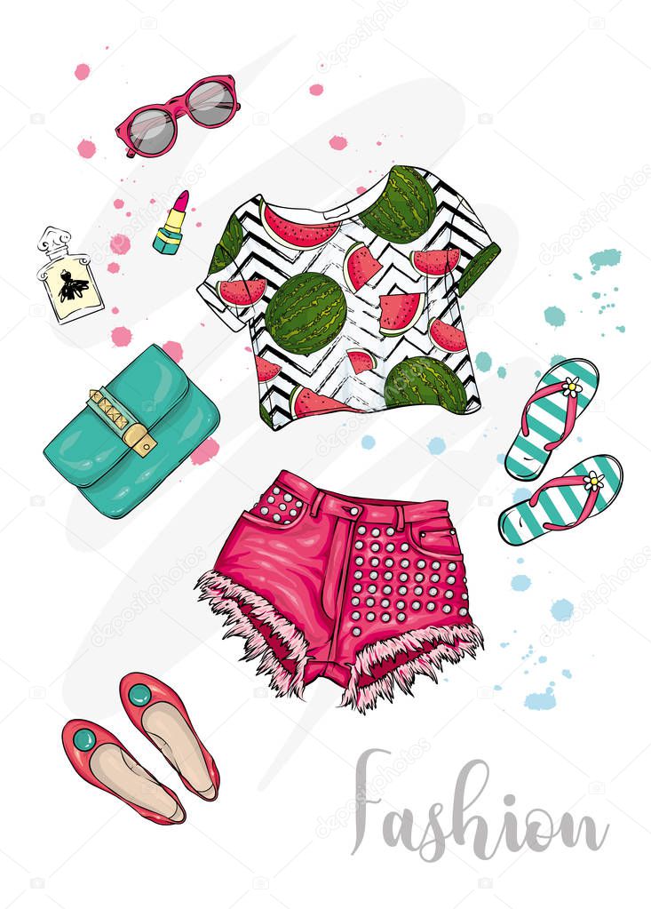 Summer fashionable outfit. Short top, shorts, shoes, bag and glasses. Vector illustration, fashion and style. A sketch. Female fashionable look.