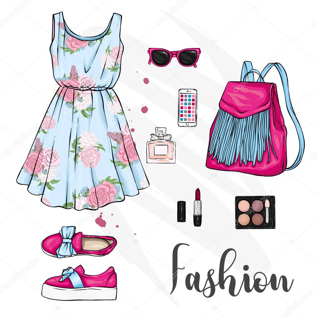 A set of stylish women's clothing. Fashionable look. Dress, shoes, backpack and makeup. Vector illustration for a postcard or a poster, print for clothes.