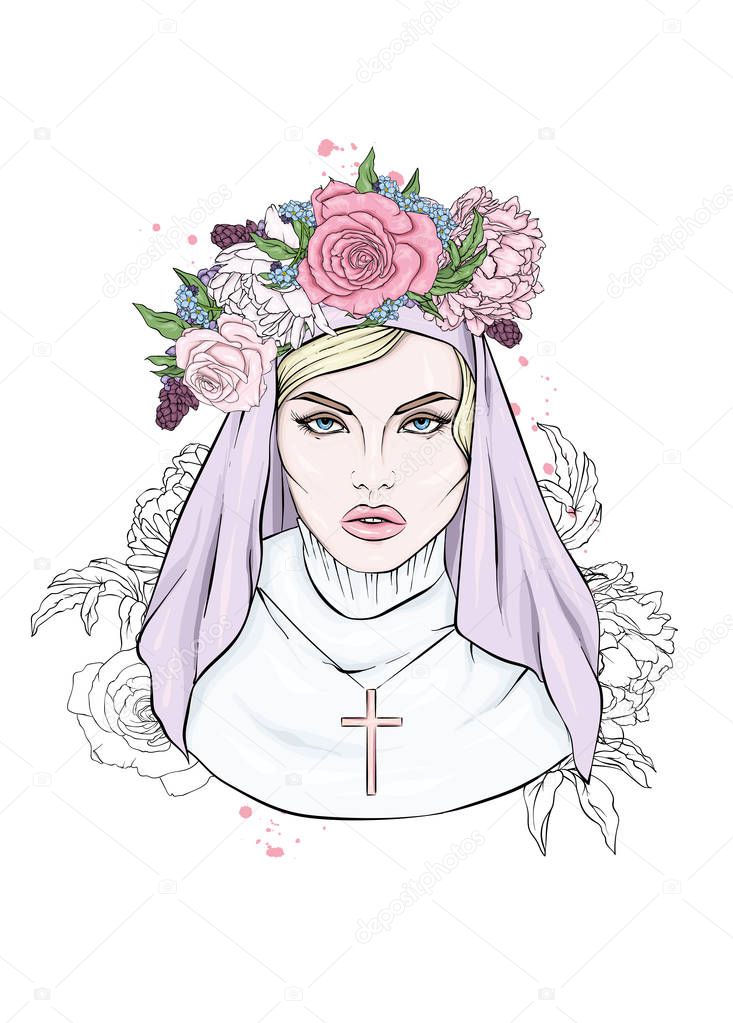 A beautiful nun in a wreath of peonies and roses. A grim monk. Religion, God, faith and sins. Fashion & Style. Vector illustration for a postcard or a poster, print for clothes.