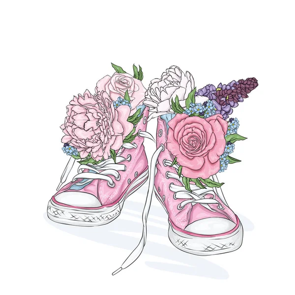 Güzel ayakkabılar. Bir resim veya poster için vektör çizim. Gençlik ayakkabı. Spor, koşu ve yürüyüş. Pembe spor ayakkabı ve çiçekler. Peonies ve güller.