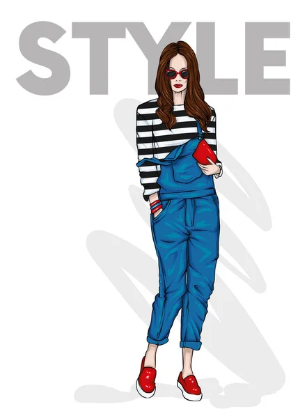 Schöne Schlanke Mädchen Overalls Und Mit Einer Tasche Vektorillustration Lange — Stockvektor