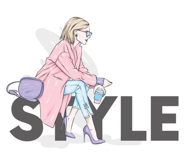 苗条的女孩穿着时髦的大衣 用眼镜 穿高跟鞋的时髦女人 时尚和风格 矢量插图 — 图库矢量图片