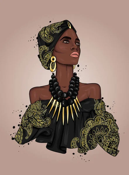 Красивая Негритянка Платье Тюрбан Узорами Африка Этническая Одежда Аксессуары Мода — стоковый вектор