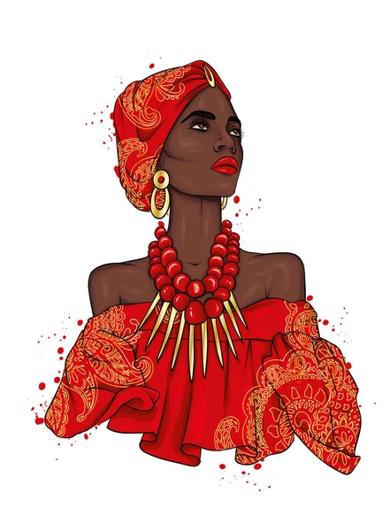 Μια Όμορφη Νέγρα Ένα Φόρεμα Και Τουρμπάνι Μοτίβα Αφρική Έθνικ — Διανυσματικό Αρχείο