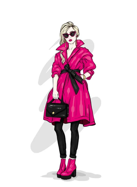 苗条的女孩穿着时髦的大衣 用眼镜 穿高跟鞋的时髦女人 时尚和风格 矢量插图 — 图库矢量图片