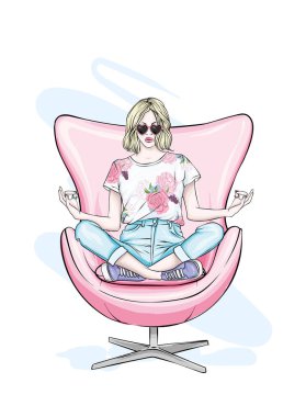 Güzel bir kız kot pantolon ve şık bir üst bir yoga poz şık bir sandalyede oturuyor. Vektör çizim. Giysi ve aksesuarları. Kıyafetlere yazdırın. Moda ve stil. Şık görünüm.