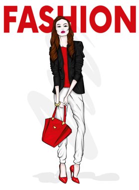 Şık bir ceket, pantolon ve yüksek topuklu ayakkabılar uzun saçlı uzun boylu ince kız. Moda ve stil. Şık giysiler ve aksesuarlar. Şık çanta. Vektör çizim.