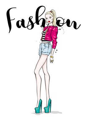 Uzun boylu ince kız kısa şort, ceket ve yüksek topuklu ayakkabılar. Güzel model şık giysiler içinde. Vektör çizim için bir kartpostal veya poster, giysiler için yazdırma.