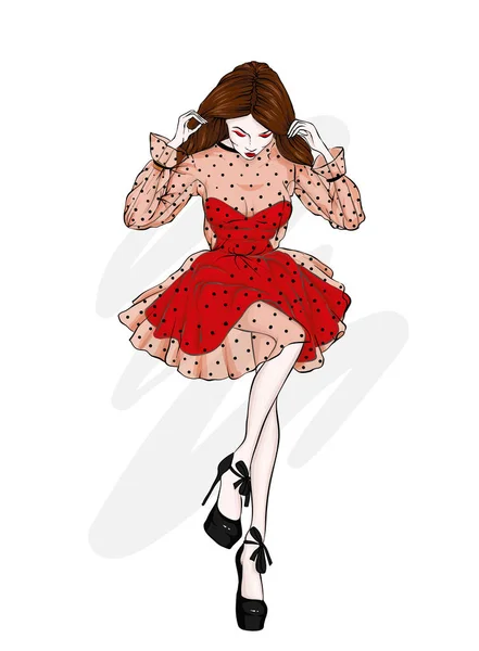 Una Chica Alta Delgada Con Hermoso Vestido Noche Moda Estilo — Vector de stock