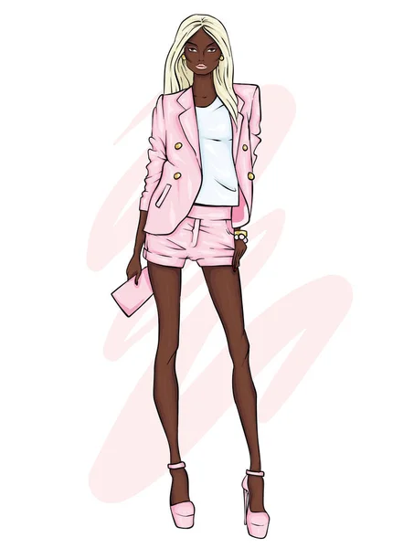 一个身材修长的小女孩 穿着短裤 夹克和高跟鞋 漂亮的模特穿着时髦的衣服 明信片或海报的矢量插图 用于衣服的打印 — 图库矢量图片