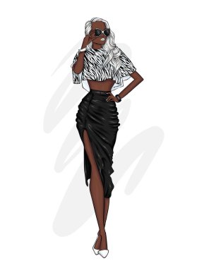 Uzun bacaklı şık bir etek, Gözlük, bluz ve yüksek topuklu ayakkabı ile güzel, uzun boylu bir kız. Şık bir görünüm. Giysi ve aksesuarları. Vektör çizim.