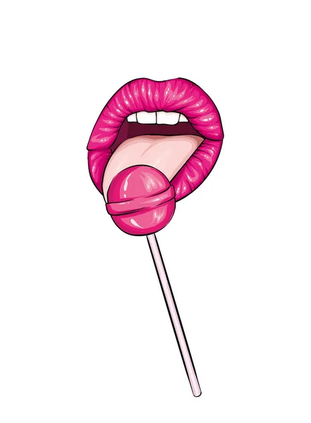 女の子は 棒でキャンディを舐めます 女性の唇 舌と甘い ベクトル図 — ストックベクタ