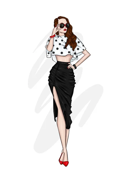 一个漂亮 高大的女孩 长腿在时髦的裙子 上衣和高跟鞋 时尚的外观 衣服和配件 矢量插图 — 图库矢量图片