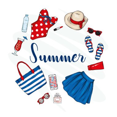 Bir dizi şık yazlık giysiler ve aksesuarlar. Etek, Mayo, Ayakkabı, şapka, Güneş kremi, plaj çantası ve güneş gözlüğü, parfüm ve ruj. Vektör çizim, moda ve stil. Vintage ve retro.