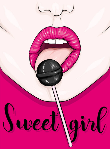 A girl licks a candy on a stick. Women's lips, tongue and sweet. Vector illustration.