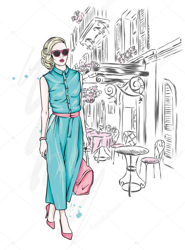 Beautiful girl in a stylish suit, shoes, glasses and with a bag. Fashionable clothes and accessories. Fashion & Style. Vector illustration for a postcard or a poster. Woman in trousers.