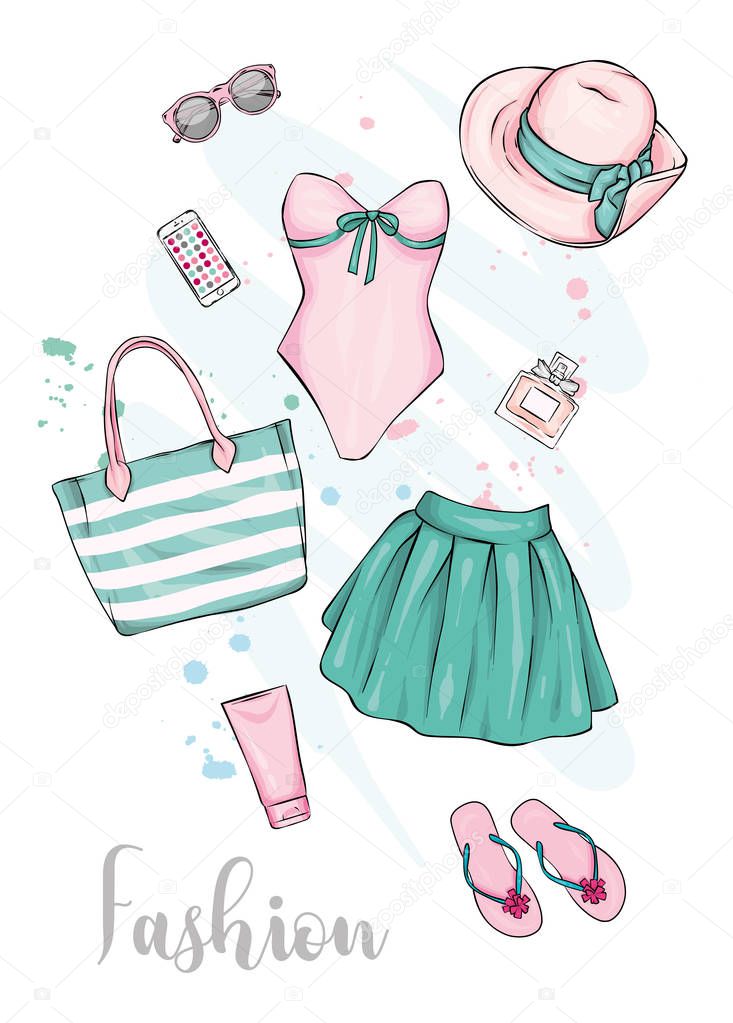 A set of stylish summer clothes and accessories. Skirt, swimsuit, shoes, hat, sunblock, beach bag and sunglasses, perfume and lipstick. Vector illustration, fashion and style. Vintage and retro.