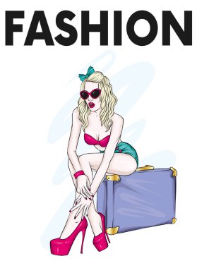 Uzun boylu ince kız kısa şort, ceket ve yüksek topuklu ayakkabılar. Güzel model şık giysiler içinde. Vektör çizim için bir kartpostal veya poster, giysiler için yazdırma.