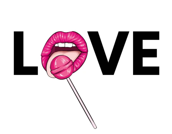 一个女孩在棍子上舔糖果 女人的嘴唇 舌头和甜美 矢量插图 — 图库矢量图片