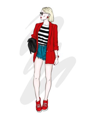 Uzun boylu ince kız kısa şort, ceket ve yüksek topuklu ayakkabılar. Güzel model şık giysiler içinde. Vektör çizim için bir kartpostal veya poster, giysiler için yazdırma.