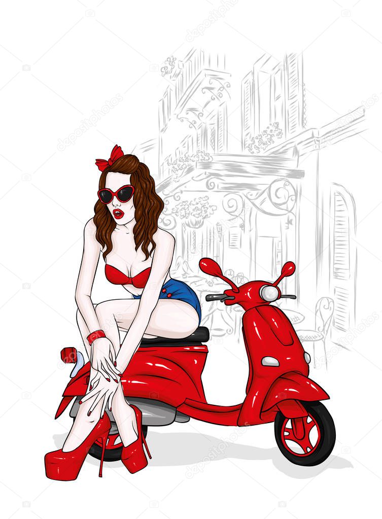 A tall slender girl in short shorts, a jacket and high-heeled shoes. Beautiful model in stylish clothes. Vector illustration for a postcard or a poster, print for clothes. Vintage moped, personal tra