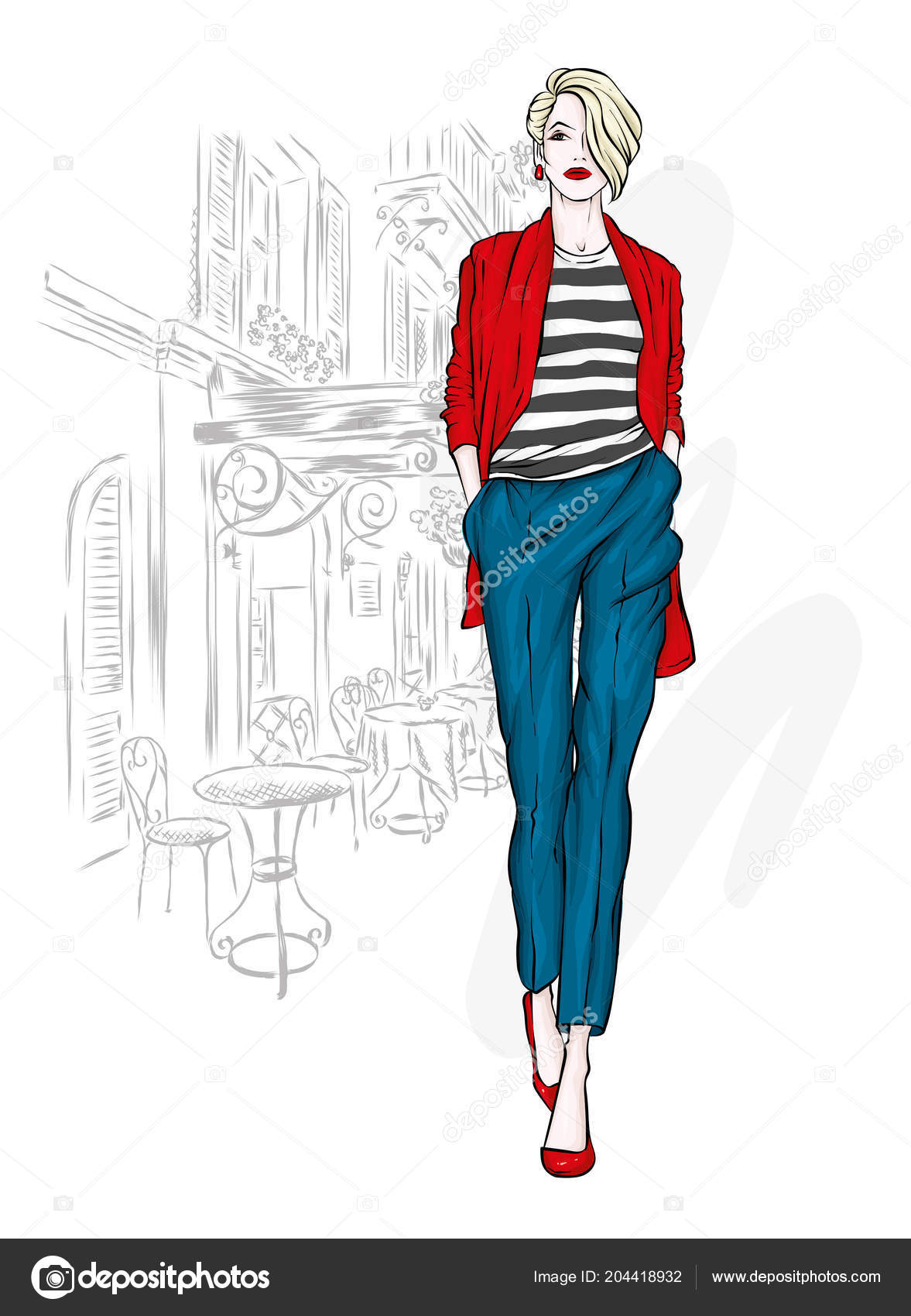 Fashion model. Sketch. Vector illustration. Girl in the shirt and pants  Stock Vector