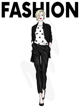 Güzel yüksek pantolon ve bir hırka. Şık giysiler ve aksesuarlar. Şık kadın. Vektör çizim. Moda ve stil. Moda bakmak.