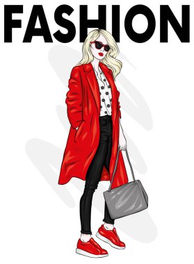 Şık bir ceket, pantolon, gözlük, gözlük güzel, uzun boylu ve ince kız. Şık kadın yüksek topuklu ayakkabı. Moda ve stil. Vektör çizim.