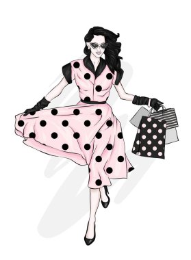 Alışveriş torbaları ile güzel bir vintage elbiseli bir kız. Vektör çizim. Giyim ve aksesuarları, vintage ve retro.