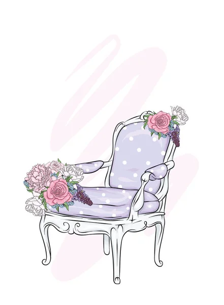 Une Chaise Antique Des Fleurs Meubles Anciens Roses Pivoines Vintage — Image vectorielle