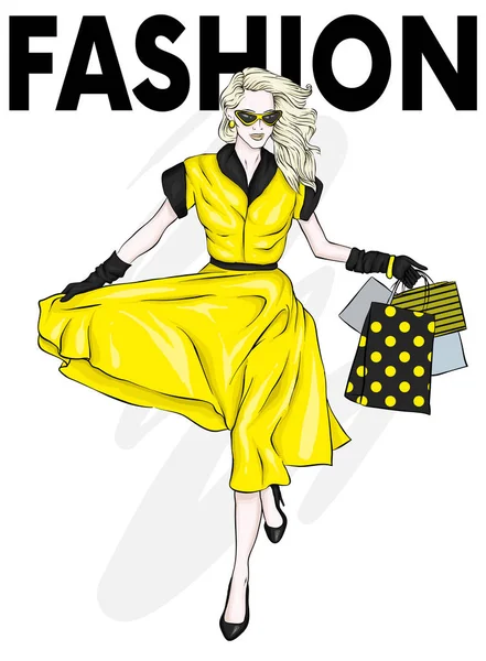 Alışveriş Torbaları Ile Güzel Bir Vintage Elbiseli Bir Kız Vektör — Stok Vektör