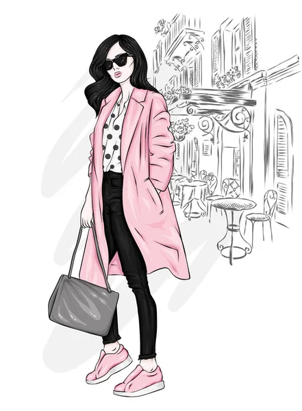 スタイリッシュなコート ズボン メガネ メガネで美しい 背の高い ほっそりした女の子 かかとの高い靴でスタイリッシュな女性 ファッション スタイル ベクトル図 — ストックベクタ