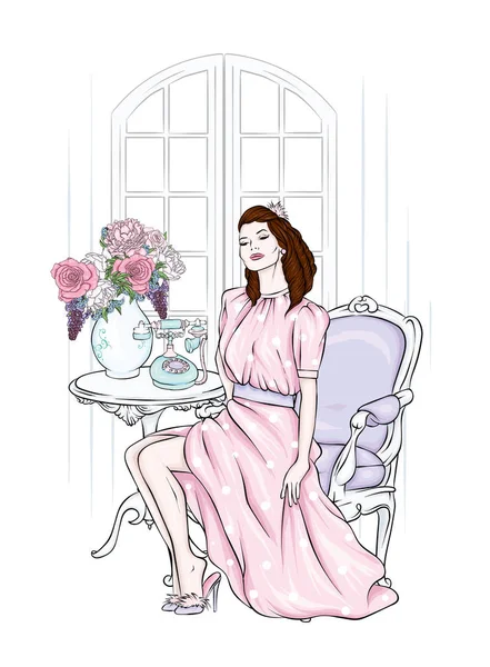 ヴィンテージのドレスで美しい少女は アンティークの椅子に座っています ファッションとスタイル ビンテージ レトロ ベクトル図 — ストックベクタ