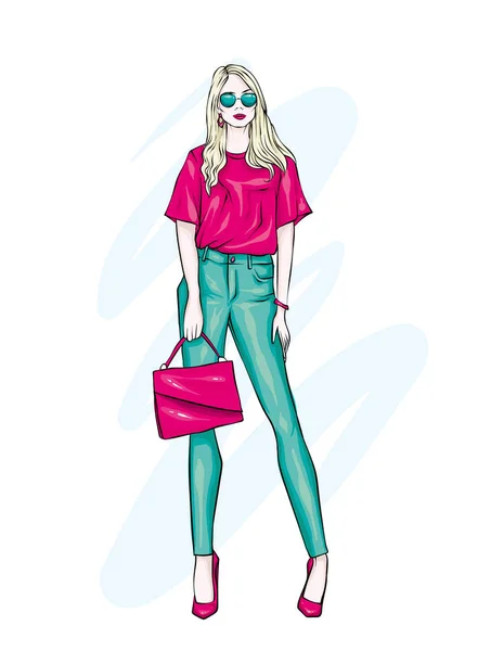 Frumos Pantaloni Ochelari Cămașă Haine Elegante Accesorii Femeie Modă Ilustrație — Vector de stoc