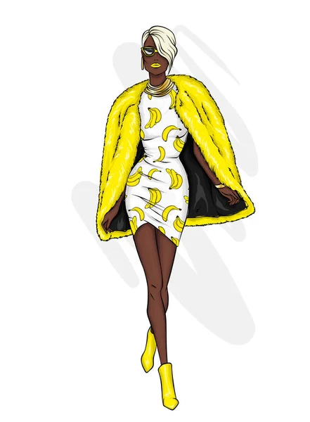 Красивая Высокая Девушка Шубе Платье Стильная Одежда Аксессуары Модная Женщина — стоковый вектор